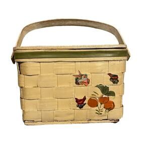 Vintage hand painted floral birds decoupage wooden basket purse
